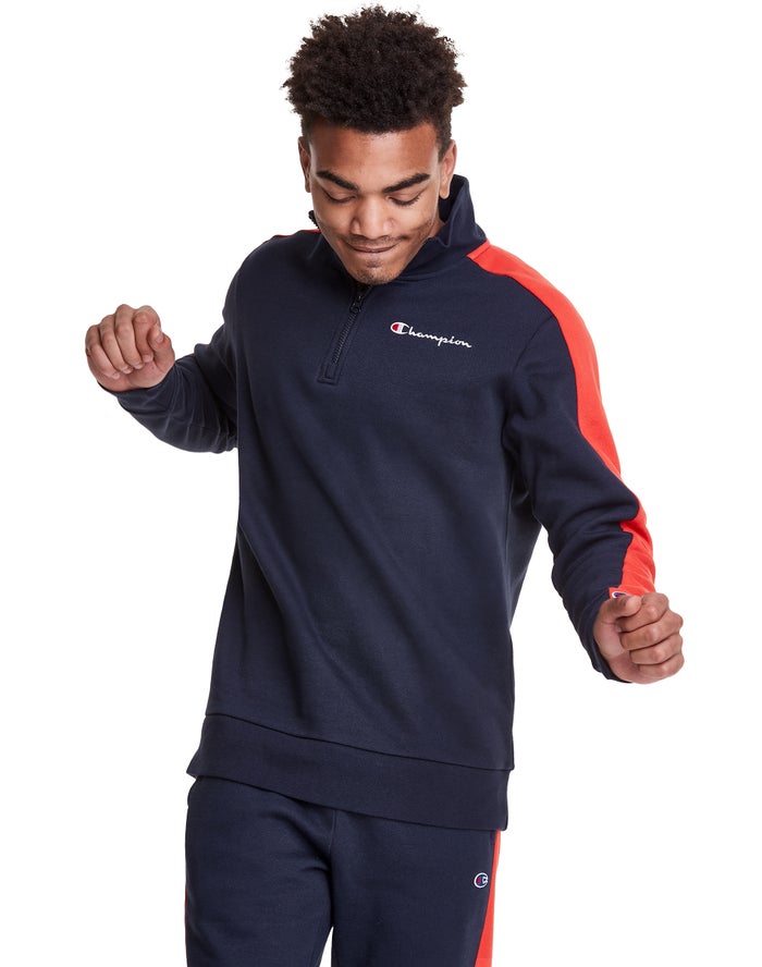 Champion Herre Sweatshirt Mørkeblå/Orange - Colorblock Stripe Fleece 1/4 Zip - Danmark NUI-246307